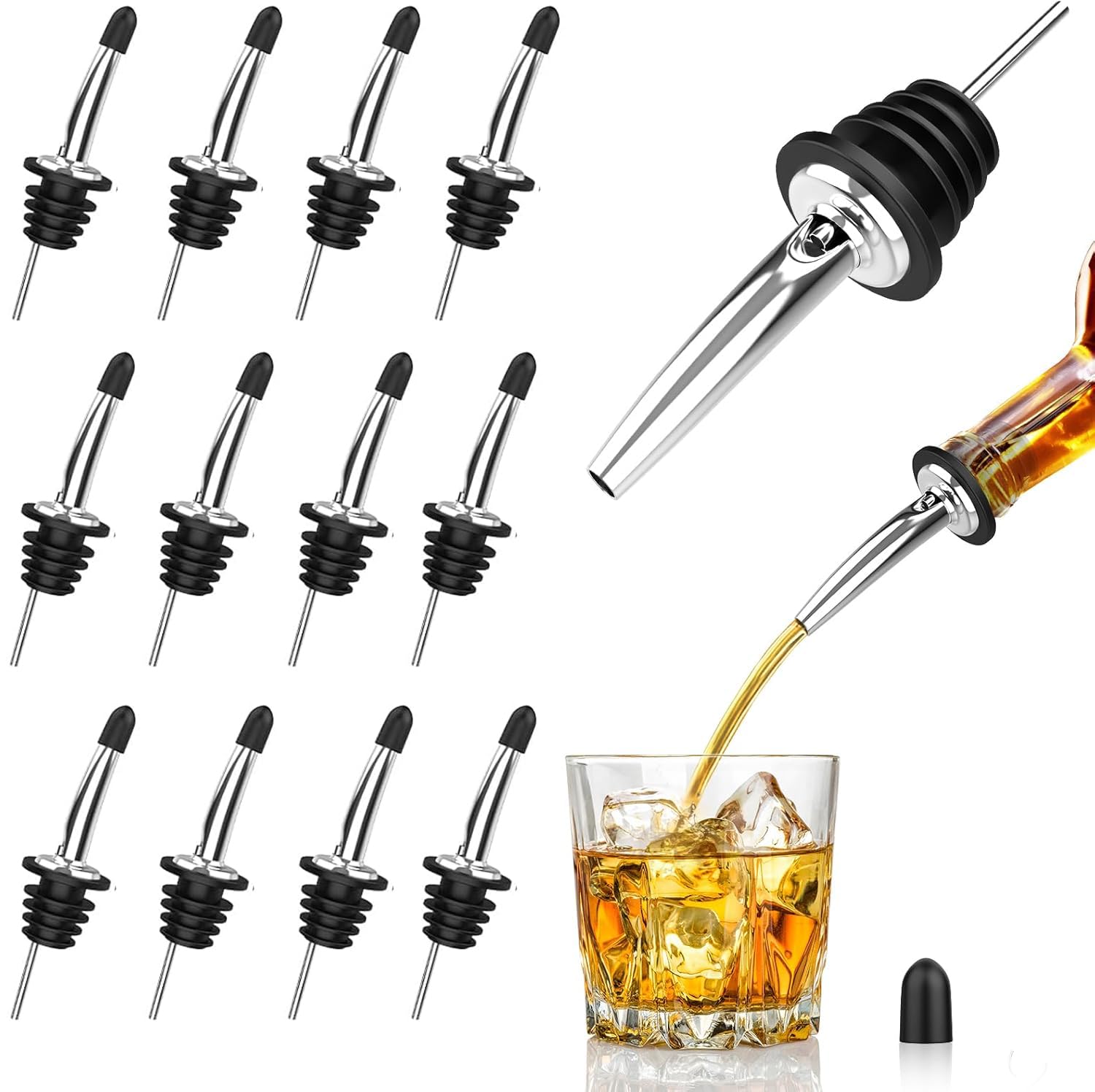 Amzuia 12 Pieces Liquor Pour Spouts Set,304 Stainless Steel Bottle Pourers with Rubber Dust Caps - Tapered Spout Liquor Bottle Pourers for Alcohol - Pour Spout For Liquor Bottles, Olive Oil Dispensers