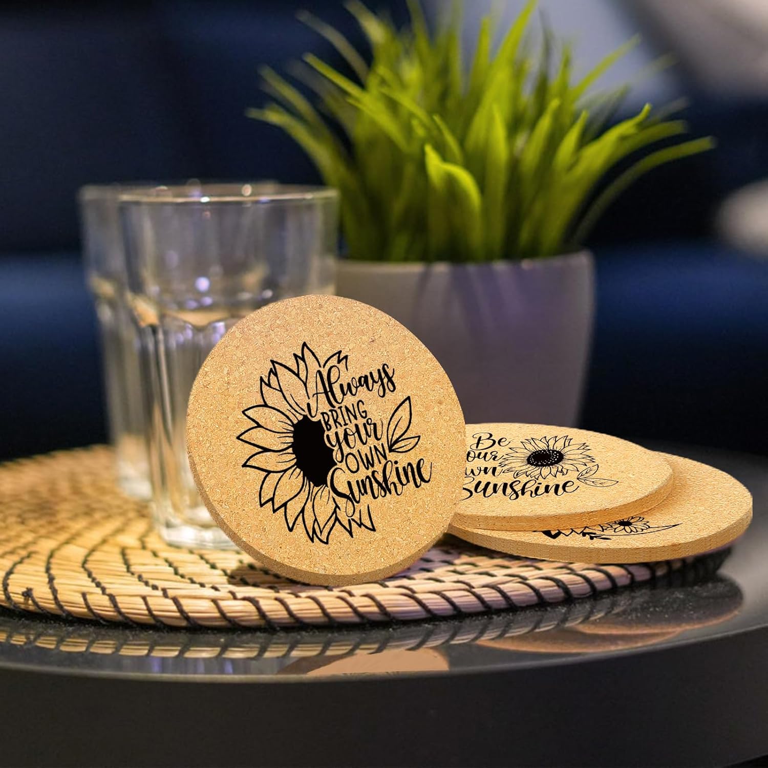 Coasters for Drinks with Holder Set of 6, Sunflower Absorbent Cork Wood Coaster for House Warming Gifts New Home Couples for Cup Desk Table Office Kitchen Decor, Round 4" - Image 6