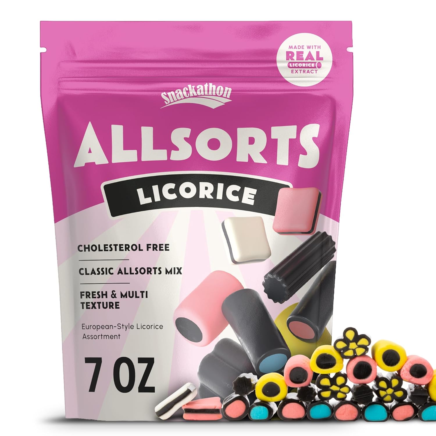Snackathon Allsorts Licorice Candy, 7 oz Resealable Snack Bag, Gourmet European-Style Soft & Chewy Licorice Candy Assortment, Perfect Snack Pack for Parties, Sweet Treats and Candy Bowls