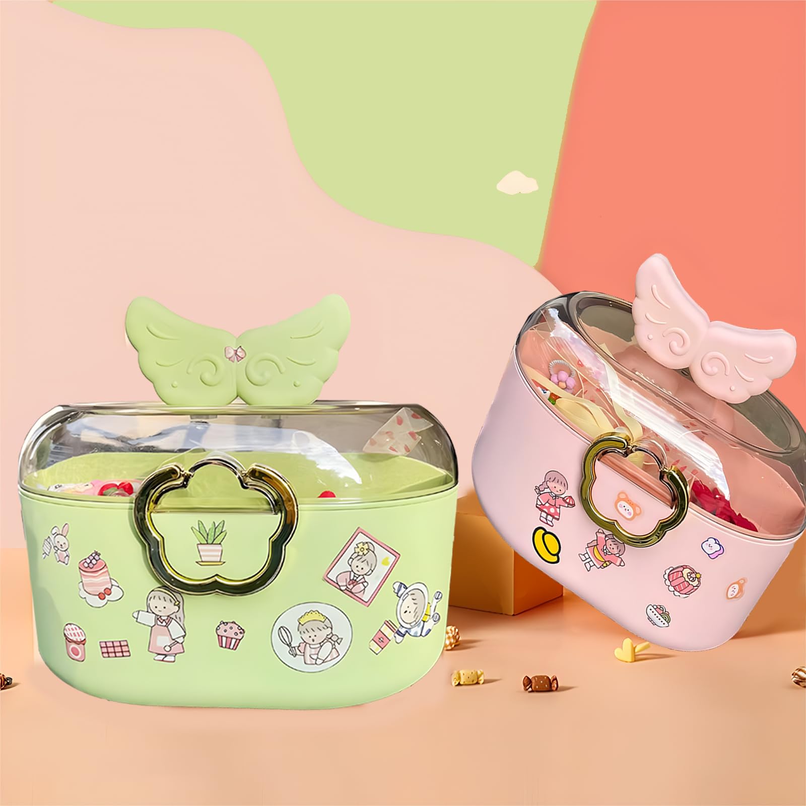 Hair Accessories Organizer for Girls,2-Layers Pink Multifunctional Storage Box with Fold Tray and Handle for Hairband Holders, Jewelry Hair Accessories (green)