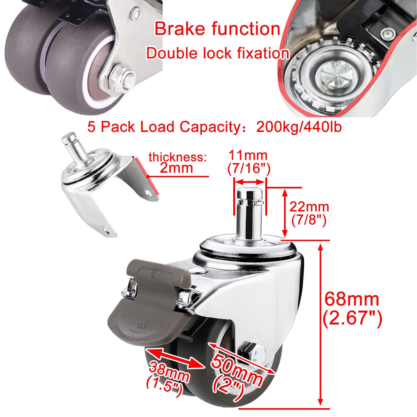 LIGUOYI 2" Office Chair Casters, (M11) 7/16" × 7/8" Stem Caster Wheels, Double Row Heavy Duty Swivel Stem Wheel Total Load 440Lbs Locking Casters 5