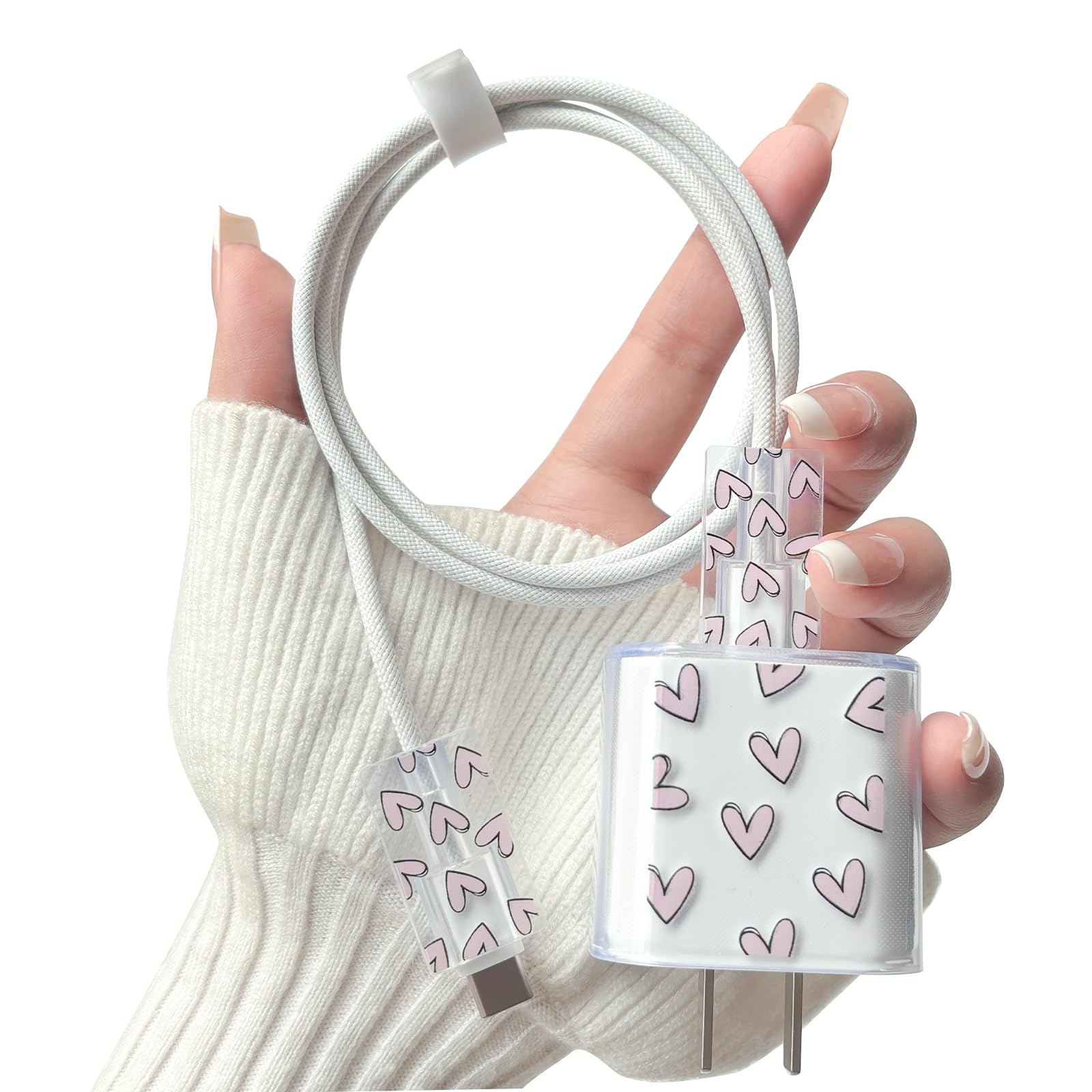 Protector de cable iPhone 20W transparente con corazones morados 7