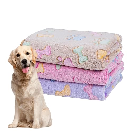 Dono 1 Pack 3 Dog Blankets, Soft Fluffy Fleece Pet Blanket Warm Sleep Mat Paw Print Design Puppy Kitten Throw Blanket Doggy Mat, Blanket for Dogs - 3Pack - Large(41*31") - Brown/Pink/Purple