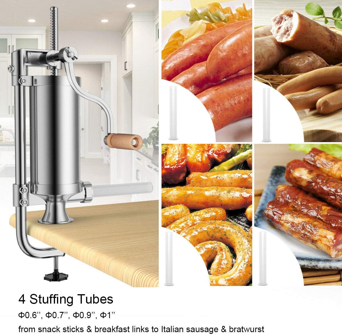 Goplus 2.5 Lb/1.5L Vertical Sausage Stuffer Maker Stainless Steel Meat Filler, with 4 Sizes of Food-Grade Sausage Tubes for Commercial Home Use