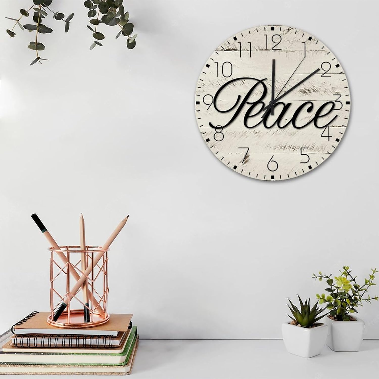 Minimalist Wood Clock Battery Operated Non Ticking Analog Peace Modern Wall Clocks Cursive Word Art Black Letters Home Decor for Study Room Garage Pool 12 Inch