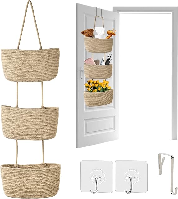 Autumnlife Wall Hanging Storage Bag, Over the Door Storage Organiser, Utility Hanging Organiser Rope Fabric Storage Solution with 3 Pockets and Hooks for Bedroom, Bathroom, Nursery - Brown