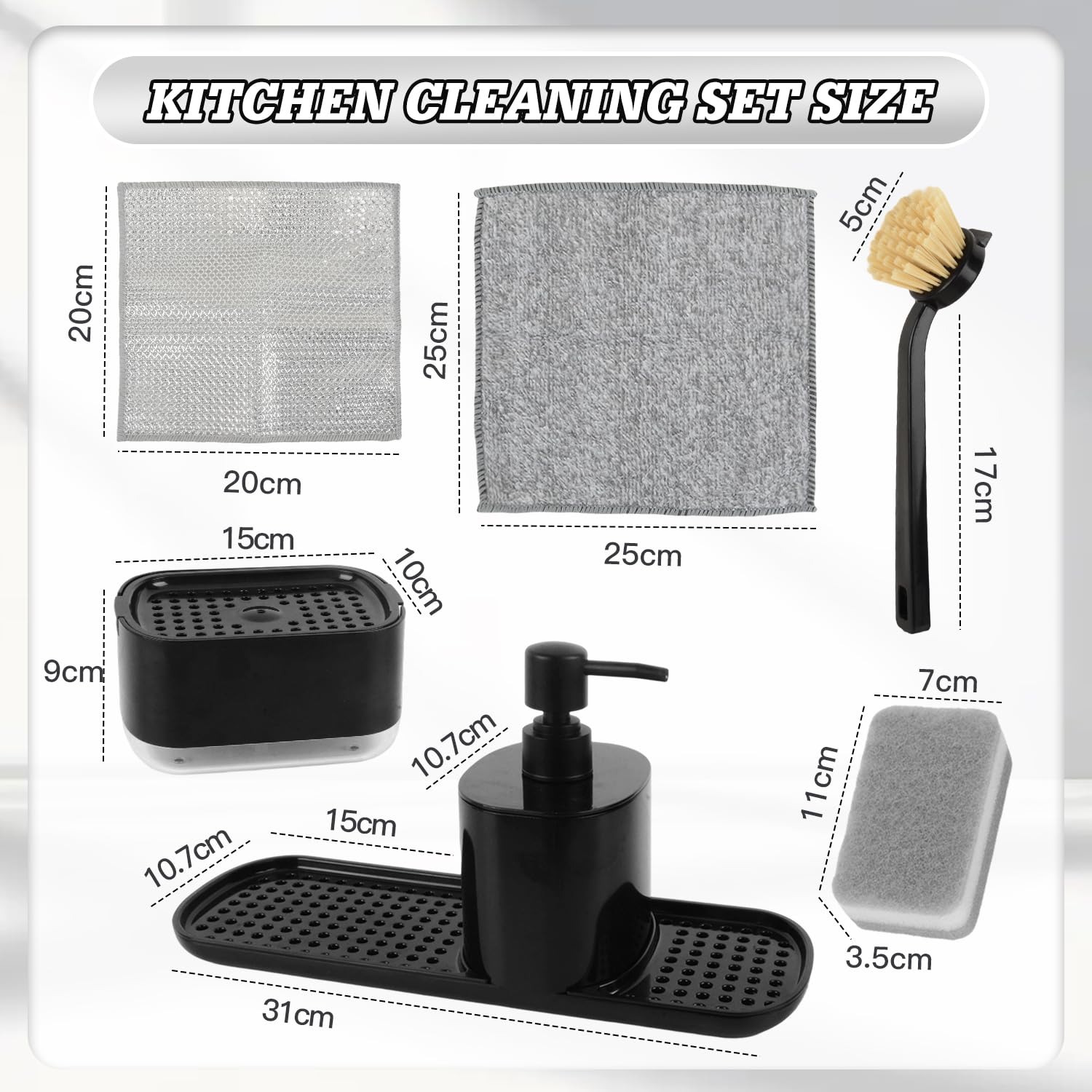 Dosificador Jabon Cocina, Juego de Organizador de Cocina Negro con Trapo, Cepillos y Esponja, Organizador de Fregadero Detergente Recargable, Caja de Almacenamiento de Fregadero de Jabón Líquido
