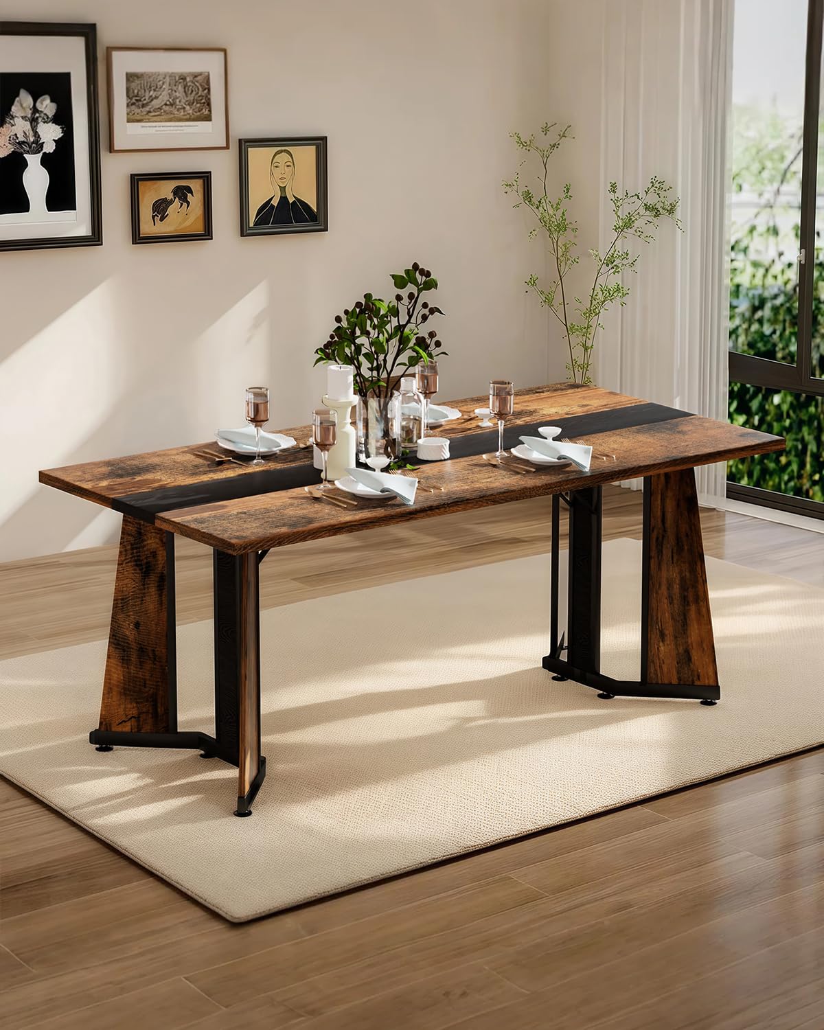 LKTART Industrial Dining Table for 4-8 People, 70.9" Long MDF Kitchen Table with Metal Frame & Rustic Brown Finish, Rectangular Counter for Dinner