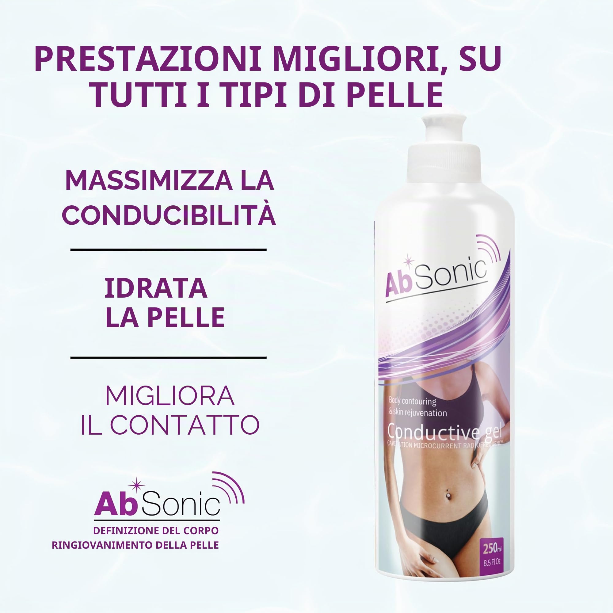 AbSonic - Gel Conduttore per elettrostimolazione, elettrodi, cinture addominali elettrostimolatore, TENS, EMS - 2x250ml