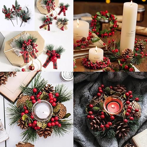 Miniatura 6 de TIHOOD 25 púas de pino artificiales, ramas de agujas de pino con tallos de bayas rojas, pequeñas bayas falsas, ramas de piñas para manualidades,
