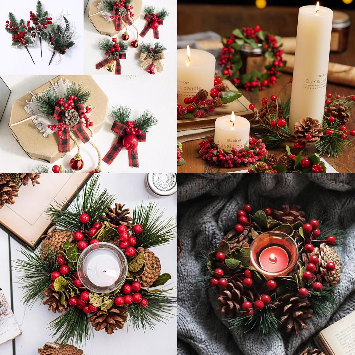 TIHOOD Künstliche Tannenzapfen, Zweige mit roten Beerenstielen, kleine künstliche Beeren, Tannenzapfen, Zweige zum Basteln, Weihnachtsbaum, DIY-Girlande, Urlaubskranz, 25 Stück