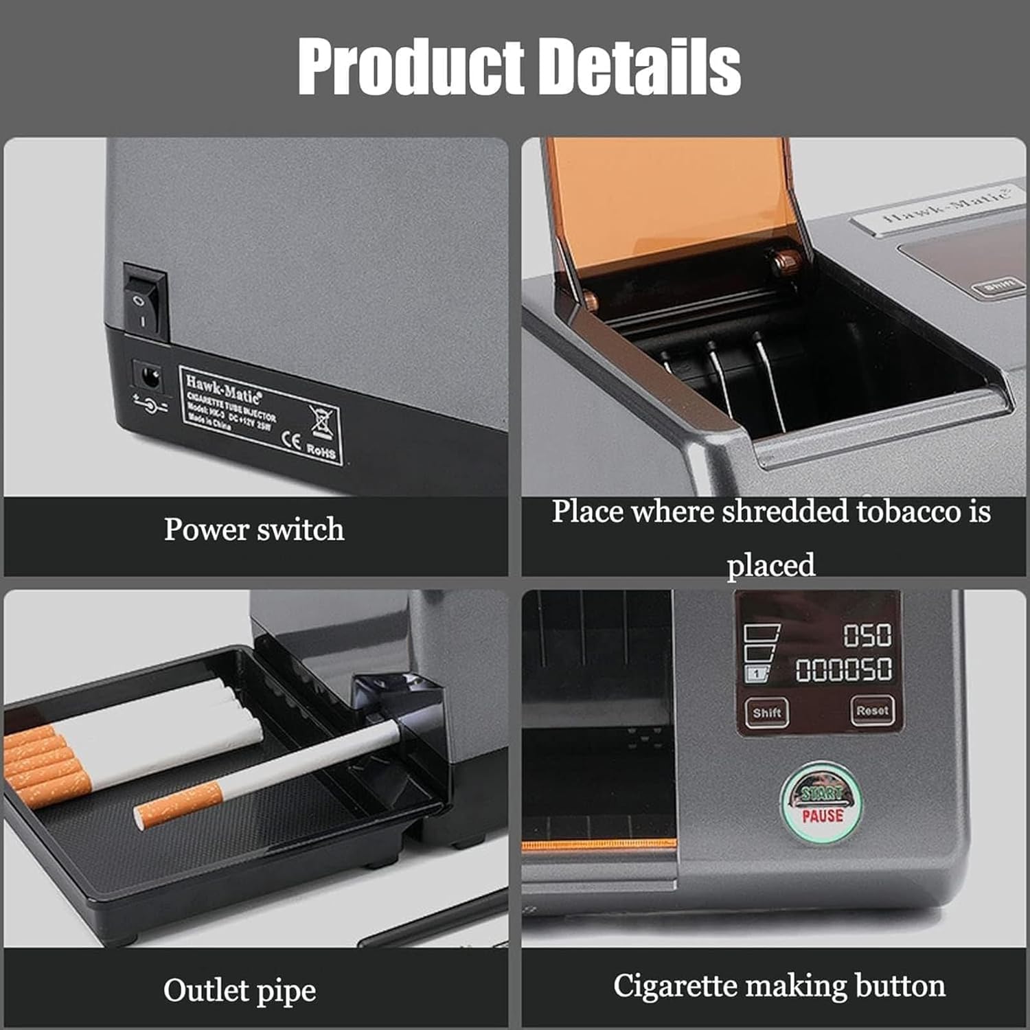Electric Cigarette Injector Machine, Fully Automatic Cigarette Filling Machine with Storage Tray, Fits Rolling Tube of Diameter 0.31"/8mm, for Smoker Factory, Herbal Cigarettes