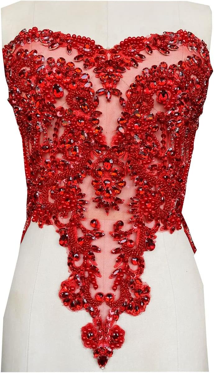 Handmade red/Blue/Gold/Green Rhinestones lace Bodice Applique Sewing Beads Crystal Trim Patches Accessory for Dress Clothes (Red)
