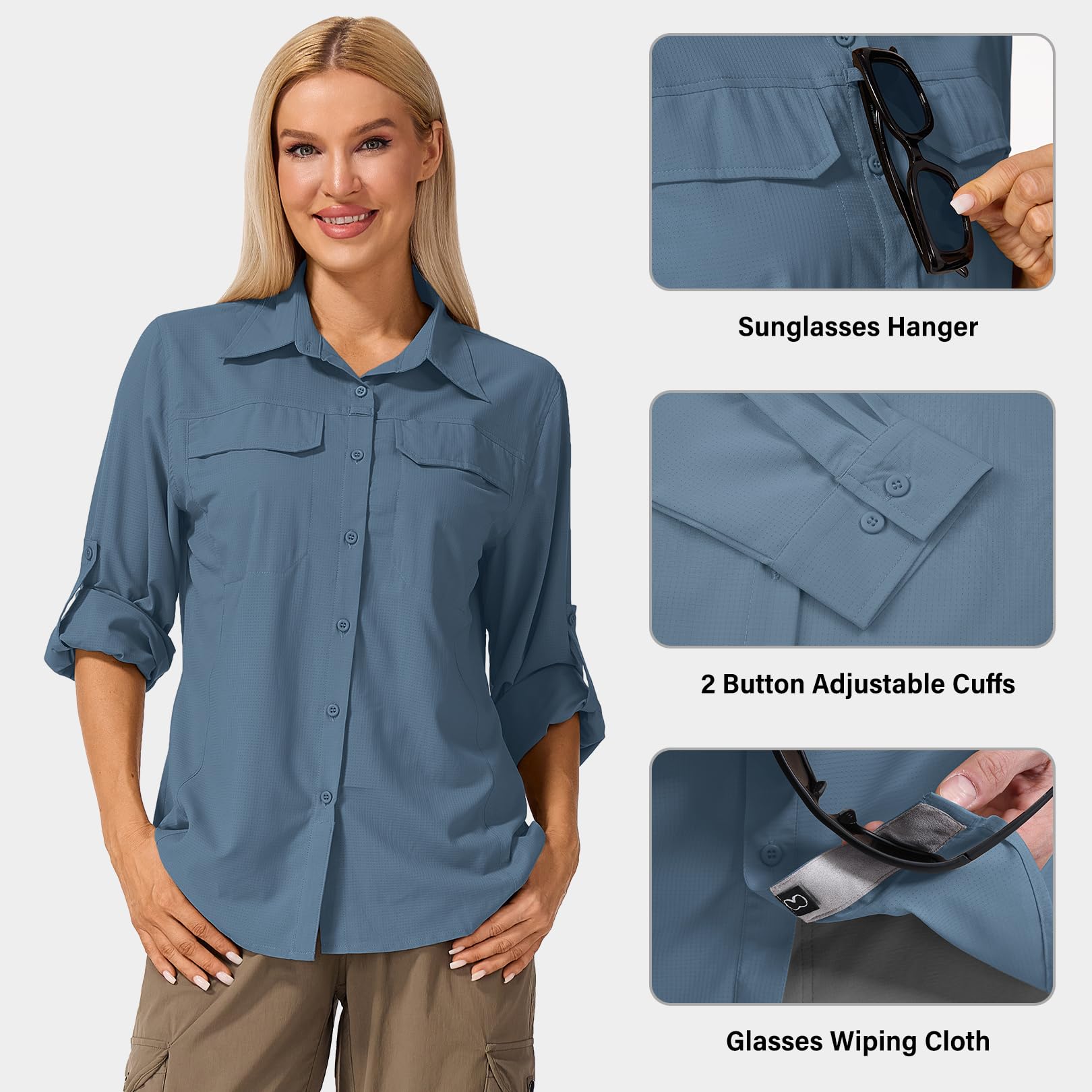 Jessie Kidden Camicie da donna a maniche lunghe con protezione UV, safari, escursionismo, pesca, UPF 50+, ad asciugatura rapida, rinfrescante, campeggio, viaggi