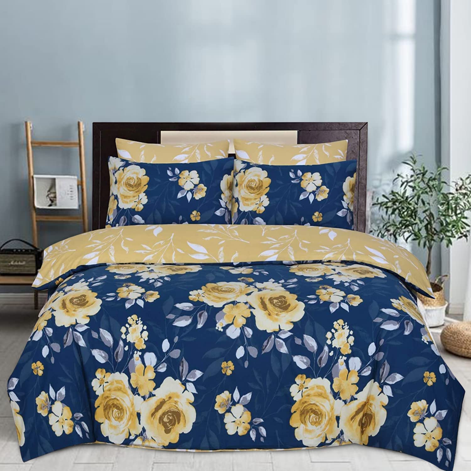Indus TextilesDuvet Cover Set - 100% Soft Cotton Floral Pattern Reversible Duver Cover With Pillowcases - Roses Navy Mustard - Double