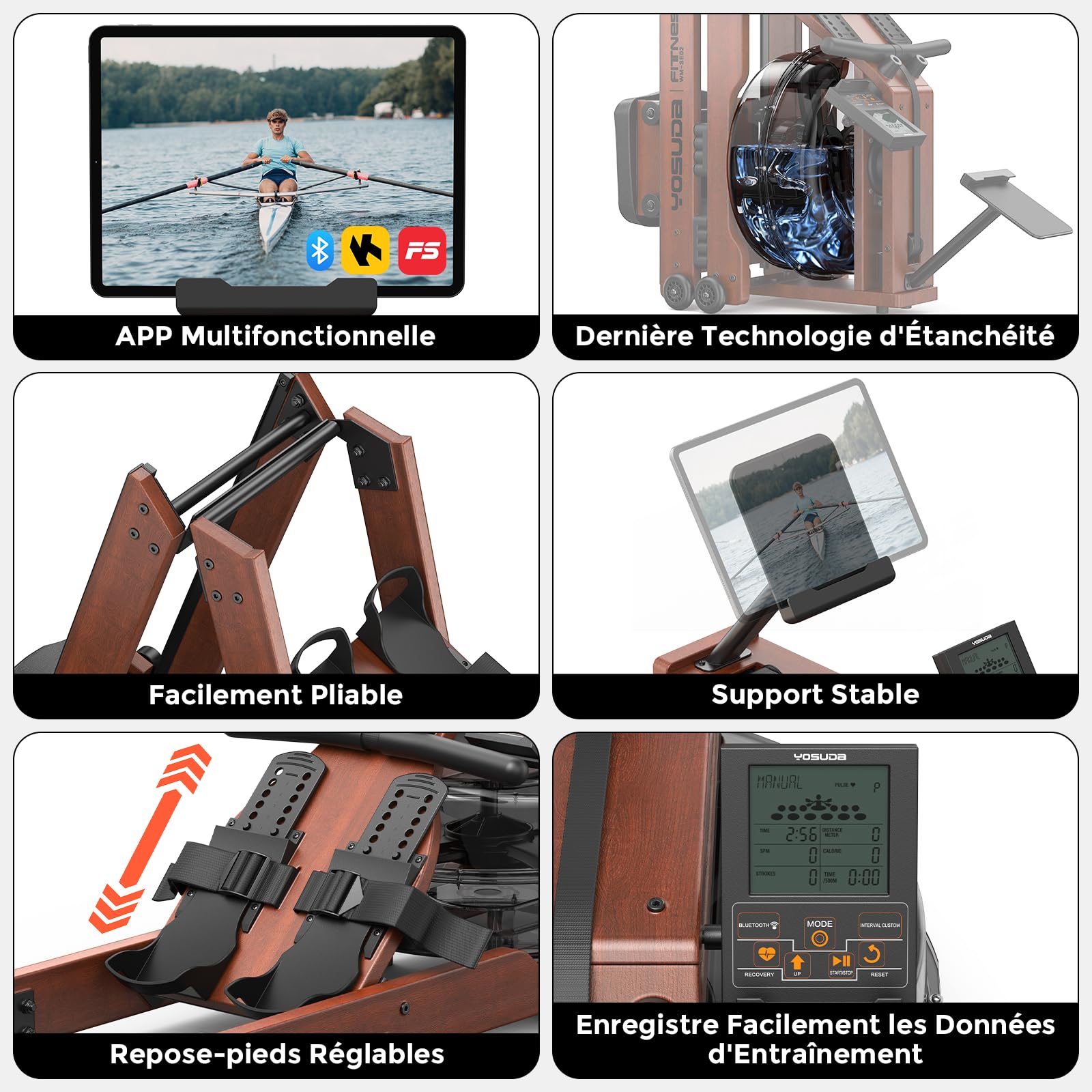 YOSUDA 2026 Nouveau Rameur Pliable Appartement, avec Grand réservoir 22L, APP/Bluetooth, Ultra-Silencieux, Support téléphone réglable, capacité Max. 190cm/182kg et pré-assemblé à 98%, Rameur a Eau