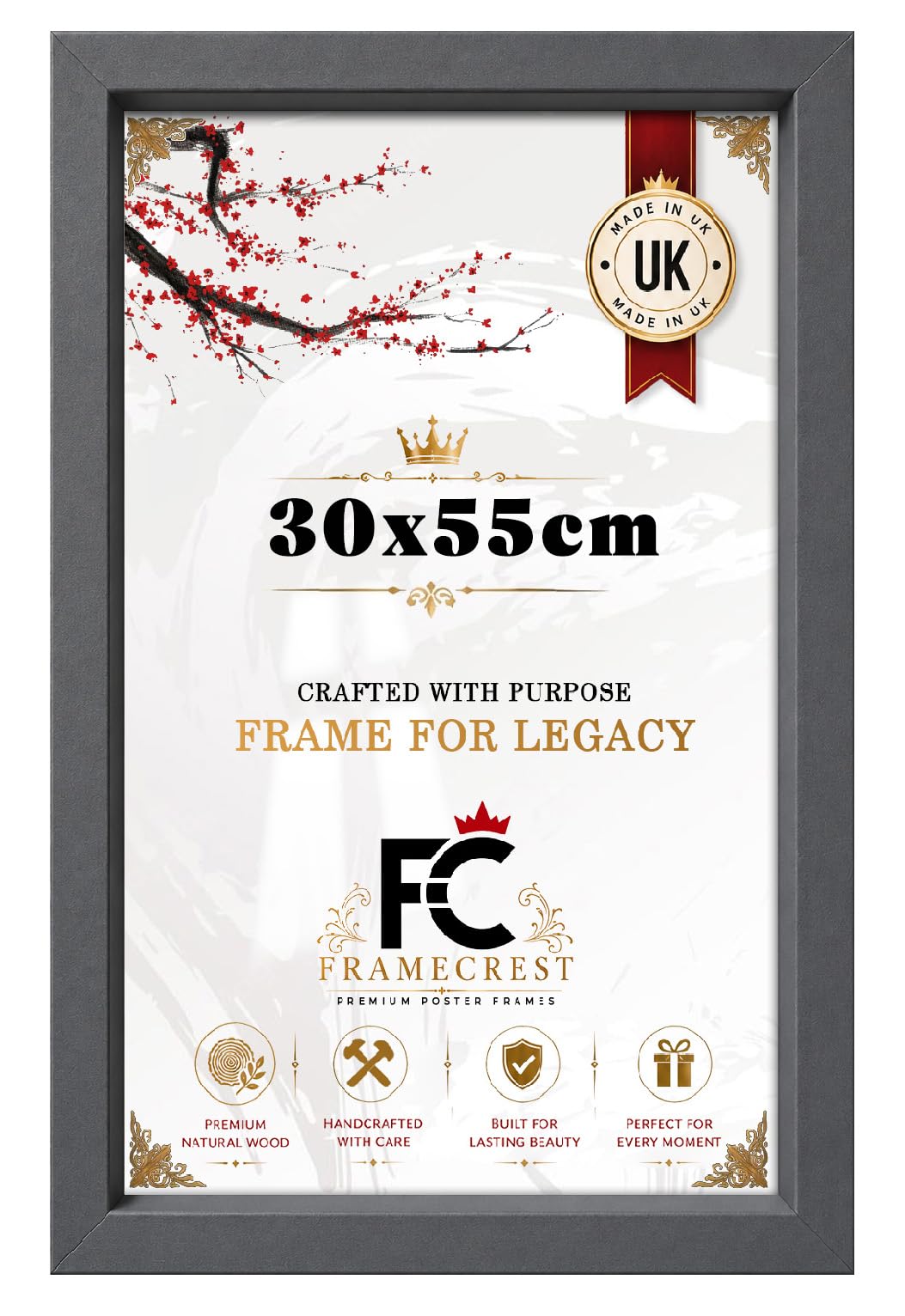 FRAMECREST Elegant 30x55cm Poster Frame | MDF Frame, Metal Clips on Back | Wall Mount Frame for Prints with Real HD Perspex, Great for Photos, Posters, Puzzle-[Dark Grey] — image 1