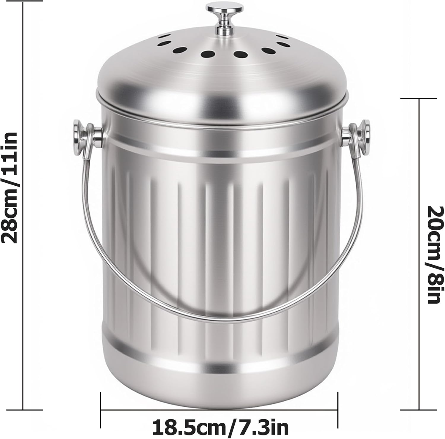 1.3 Gallons 5L Brushed Stainless Steel Kitchen Countertop Undersink Indoor Odorless Composting Compost Bin Countertop Composter with Charcoal Filter Inside Lid Brushed
