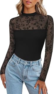 Zeagoo Long Sleeve Shirts for Women's Lace Tops Mesh Sheer Crew Neck Shirts Sexy Fall Going Out Blouse