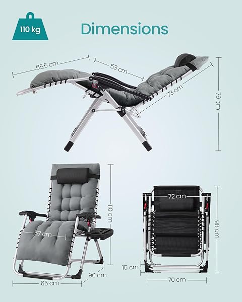 SONGMICS Chaise Longue Pliante, Chaise de Gravité Zéro avec Coussin Amovible, Structure en Acier, Supporte Jusqu'à 110 kg, Appui-Tête Réglable, Sac, Plateau, pour Jardin, Balcon, Gris Foncé GLB040GZ03 - 3