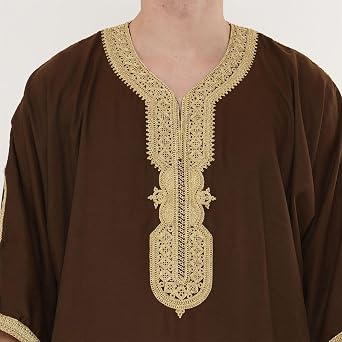 Men's Moroccan Thobe Half Sleeve Gandoura Embroidery Kaftan Eid Ramadan