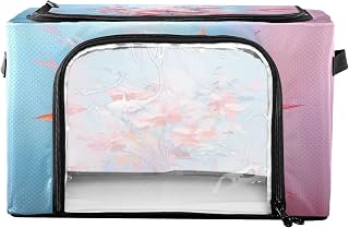 Contenedor de almacenamiento plegable con flores abstractas, color rosa, resistente, para debajo de la cama, con ventana transparente y asa