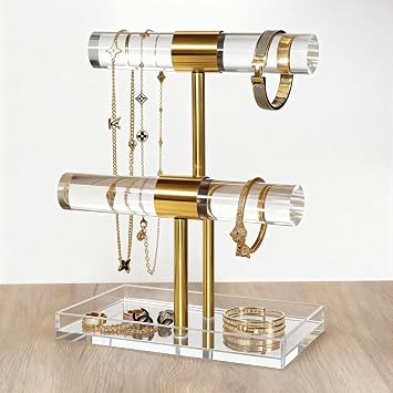 Gold T-Bar Acrylic Jewelry Stand, 2 Tier Necklace Holder w/ Bottom Tray