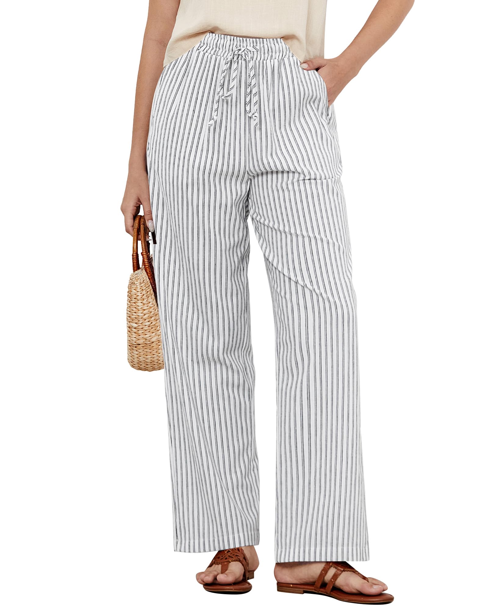 GRAPENT Striped Cotton Linen Pants