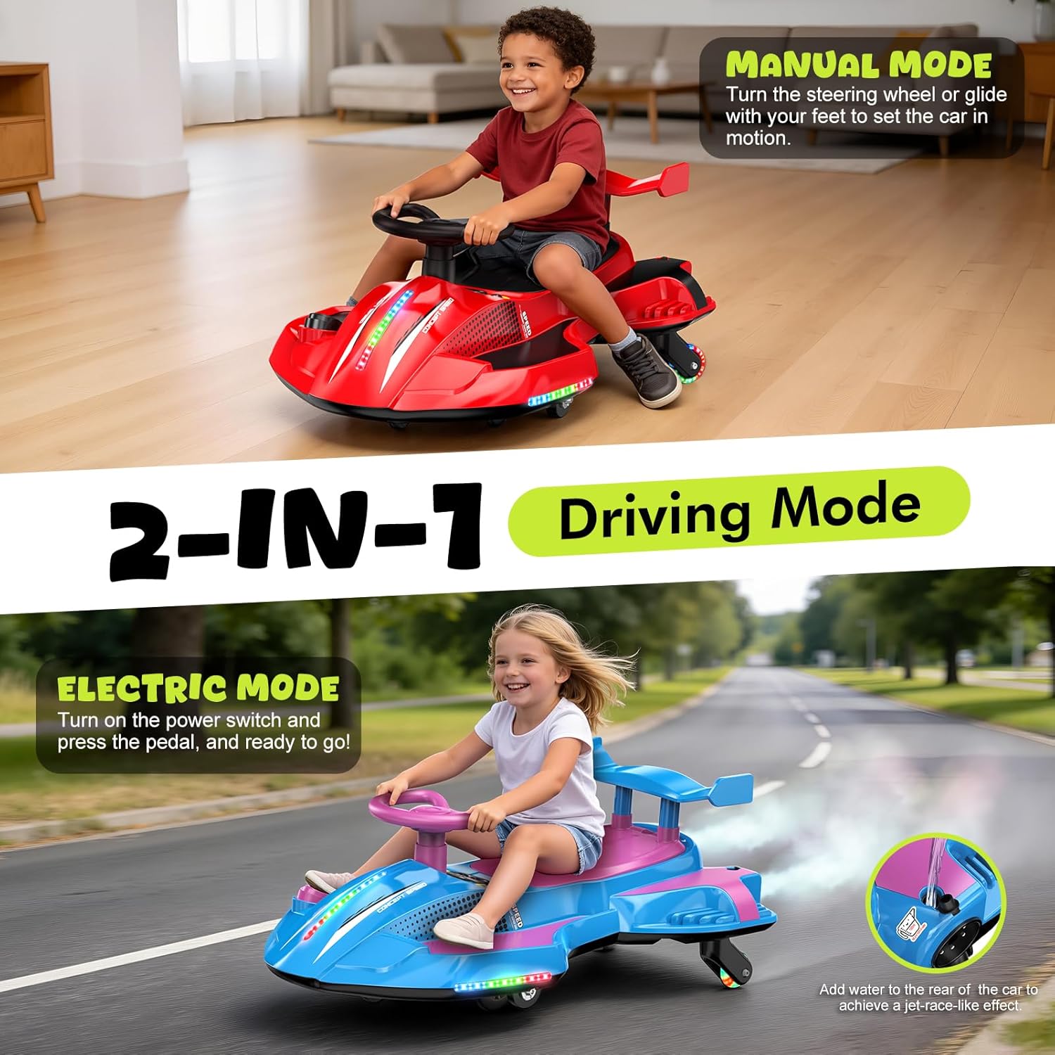 12V Electric Wiggle Car Ultra with Pedals, Rechargeable Swing & Drift Car, Anti-Rollover Design with Backrest, Spray, Flashing Lights, Music & Bluetooth, for Ages 3 and Up, 150 lbs(Red + Black)