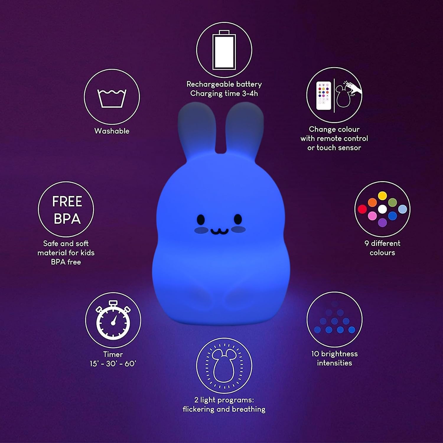 Large Size Rabbit Night Lights Bedside lamp Bedroom Decorative Lamps - Break Resistant, Eye Caring, Adjustable Brightness & Color and Time Setting, Holiday Gift Birthday Present - Large