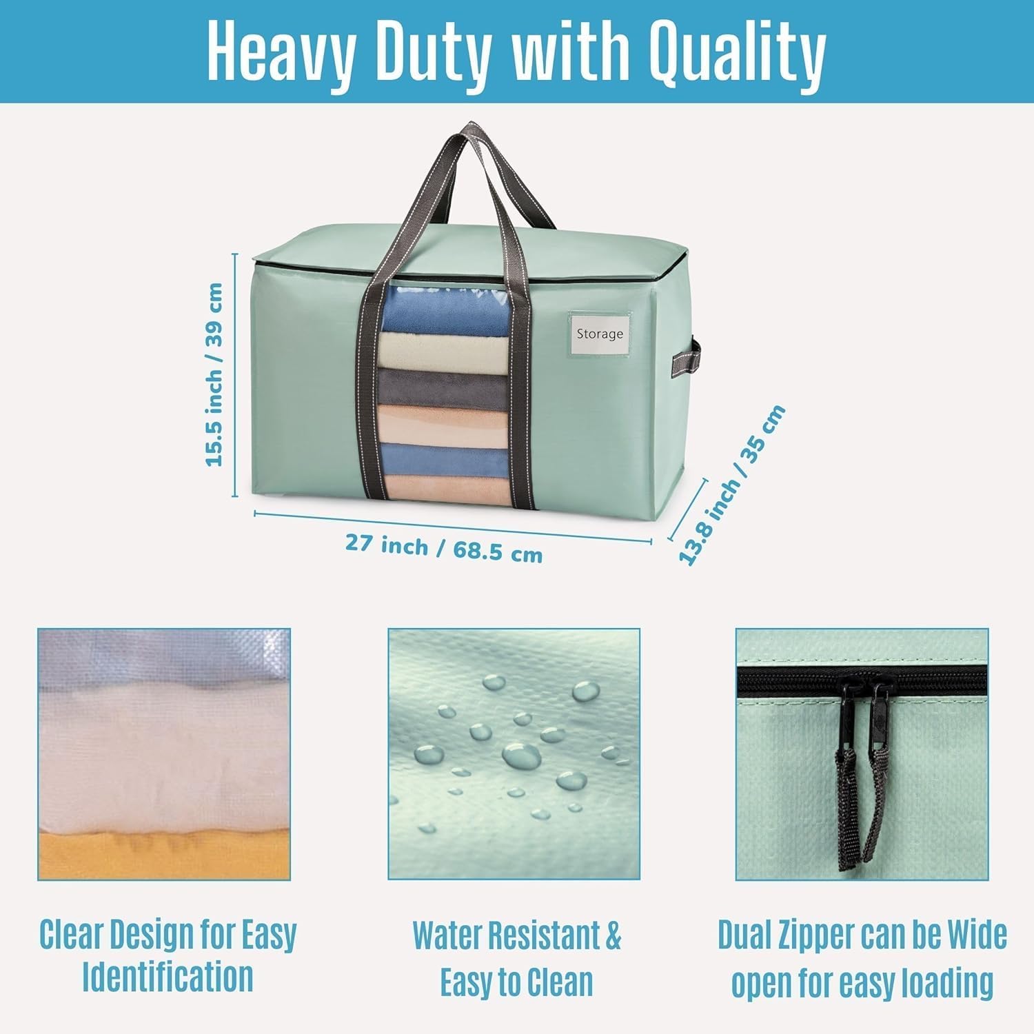 VENO 8 Pack Moving Bags with Clear Window, Heavy Duty Storage Bins with Lid, Around Handles, Tag, Zippers, Extra Large Totes Packing Moving Boxes Supplies for College Dorm Clothes (Light Green) - Image 2