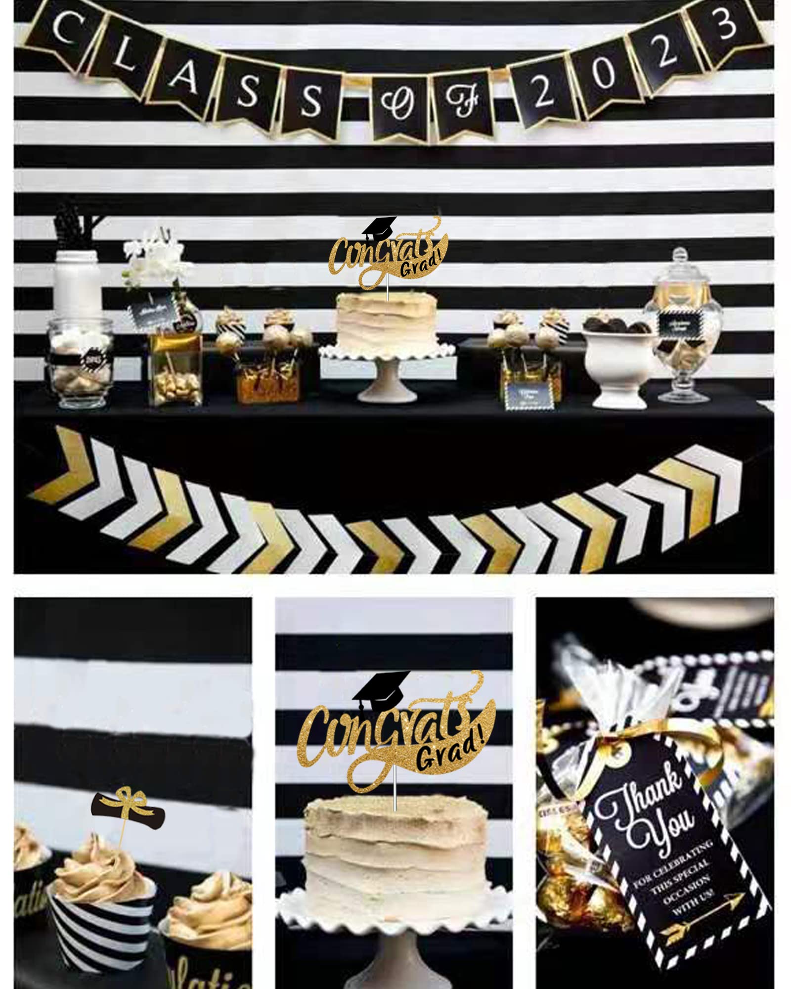Congrats Grad Cake Topper – Glitter Graduation Decor 2023, Black & Gold, For Any Graduation Level - View #6