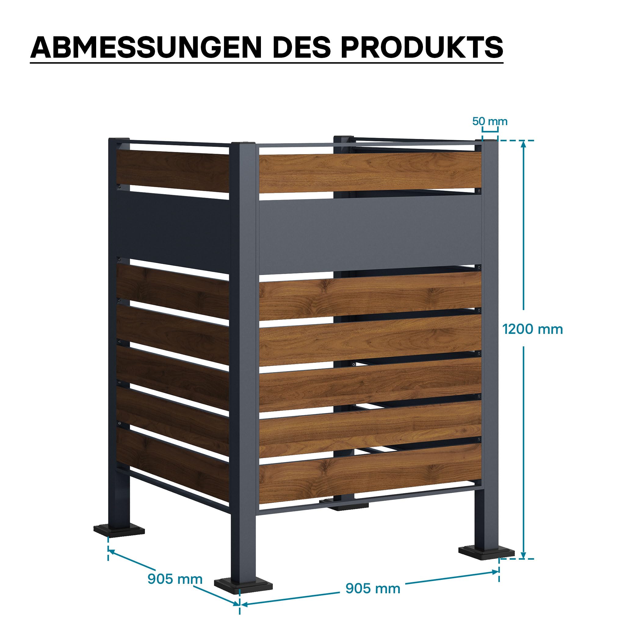 Wiltec Mülltonnenzaun aus Stahl in Holzoptik, Mülltonnenverkleidung für eine Tonne 60-240l, Mülltonnenbox, Sichtschutzzaun