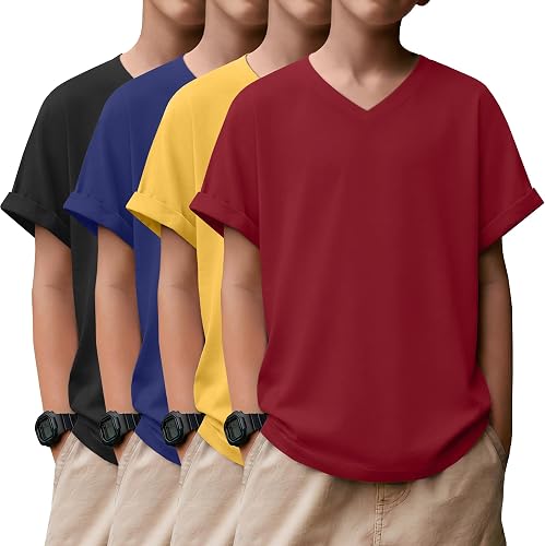 Langyiwee 4 Pack Boys' Short Sleeve Shirts Kids Oversized V 