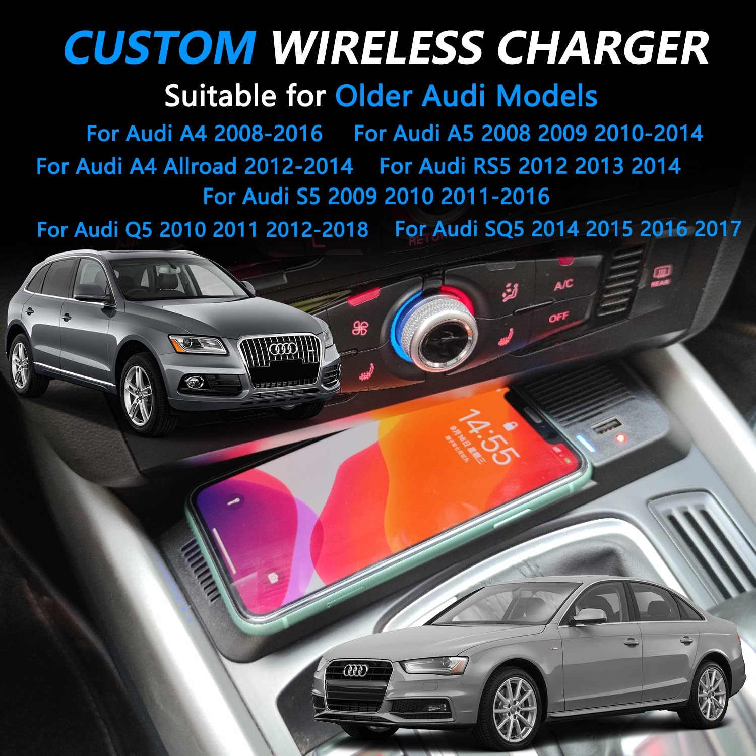 Bezprzewodowa ładowarka samochodowa do Audi Q5 SQ5 A5 S5 RS5 A4 B8 Allroad, 15W bezprzewodowa szybka ładowarka do telefonu Audi A4 2008-2016 A5/S5 2008-2016 RS5 2012-2014 Q5 200 10-2018 SQ5 2014-2017
