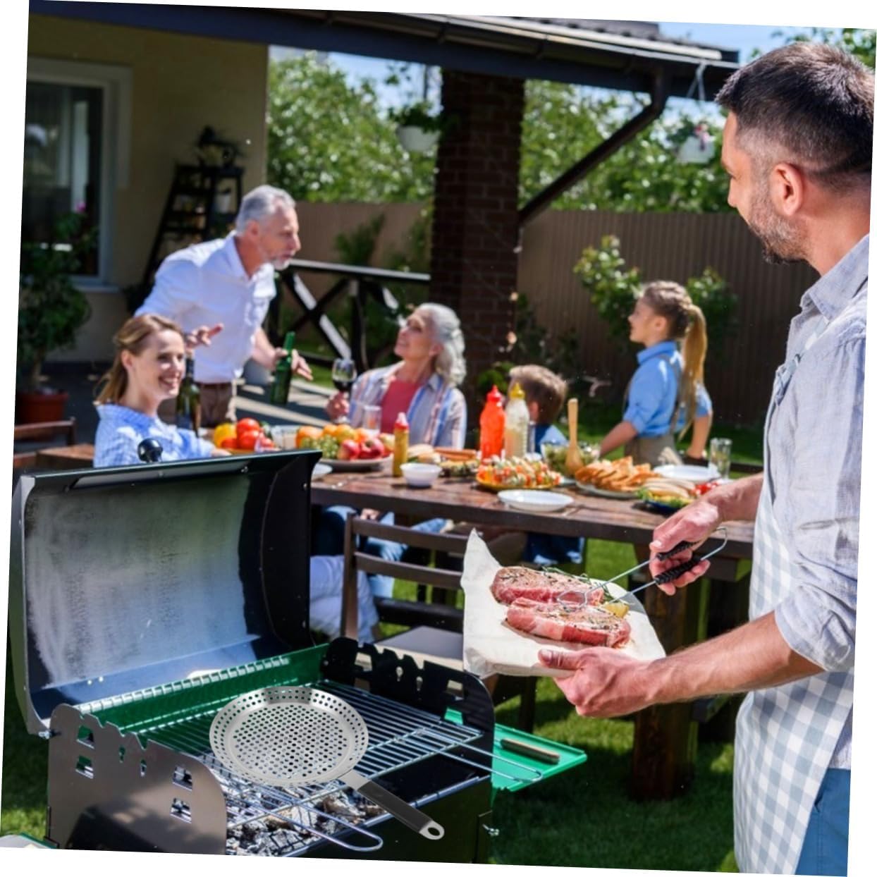 iplusmile Stainless Steel Barbecue Plate Outdoor Bbq Tool Non Stick Grill Pan for Steaks Chicken Fish Burgers Vegetables with Grease Drainage and Even Heating for Home and Barbecues