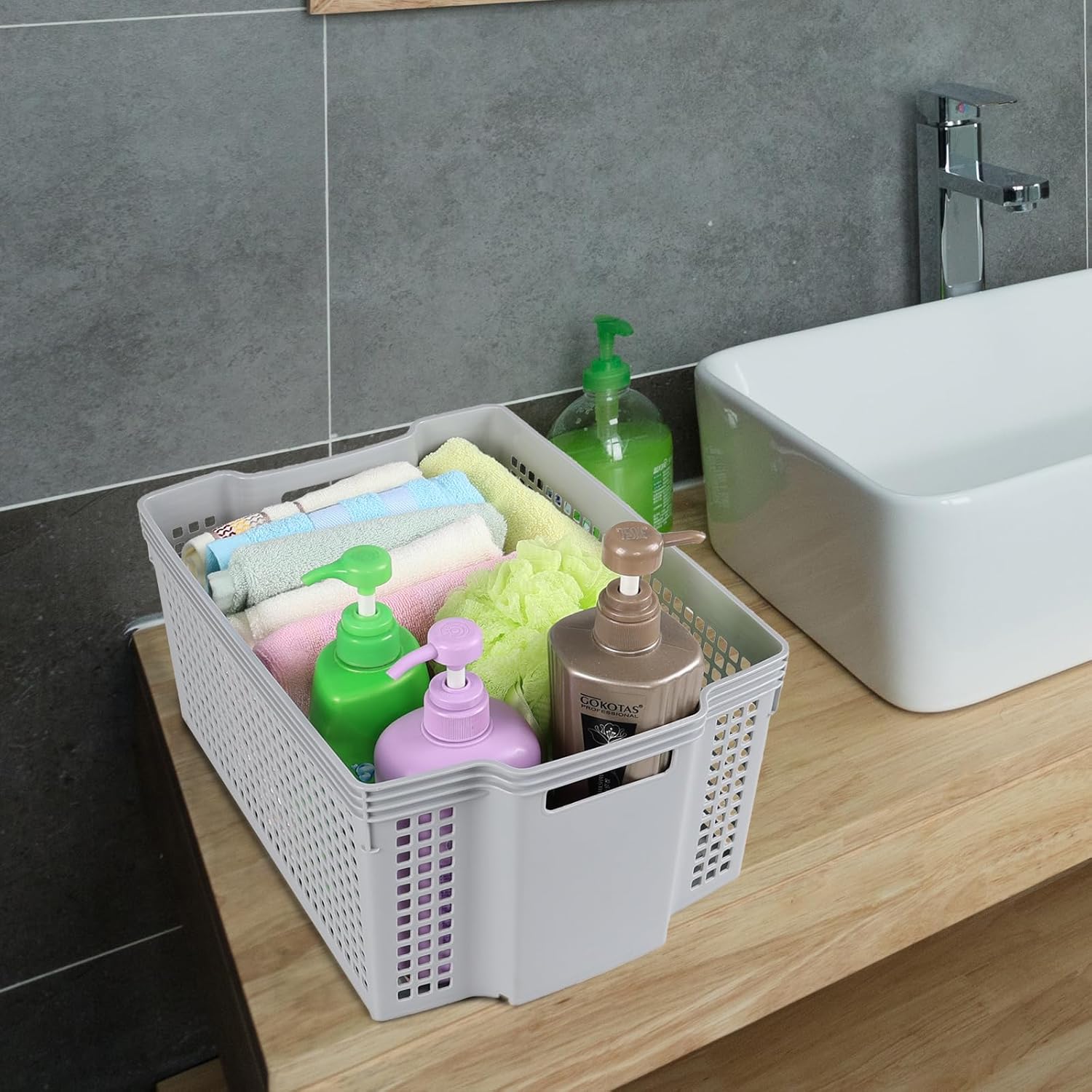 6 Packs Large Plastic Storage Stacking Baskets, Large Stackable Cupboard Baskets, Grey