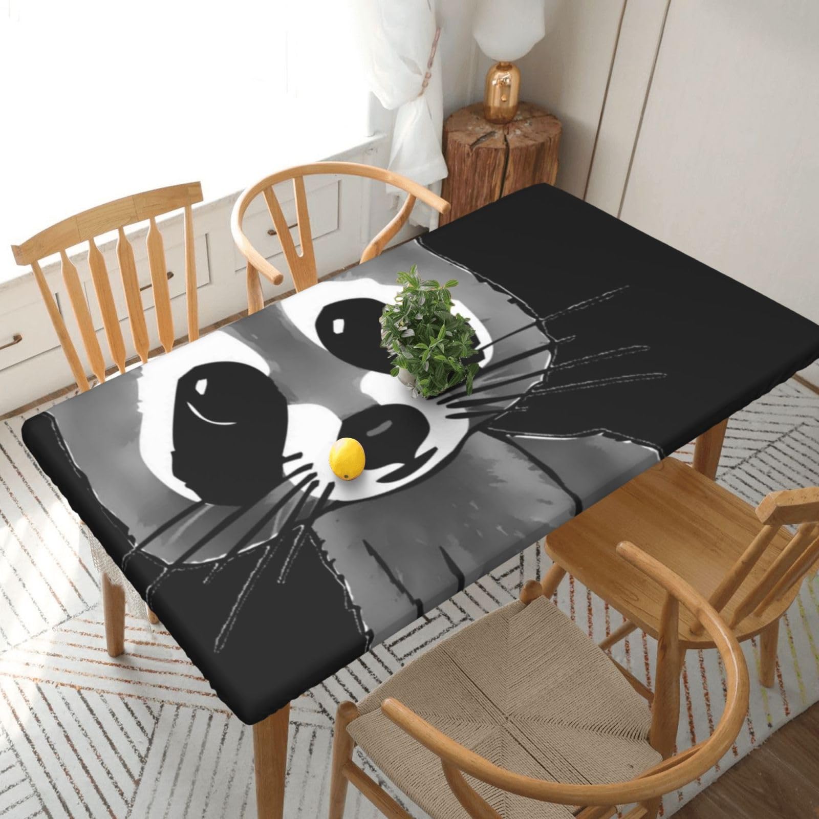 DCEHGEW Elastic Fitted Rectangle Tablecloth for 5ft Tables, Cartoon cute raccoon Printed Oilproof & Washable Fabric Picnic Table Cloth Table Covers