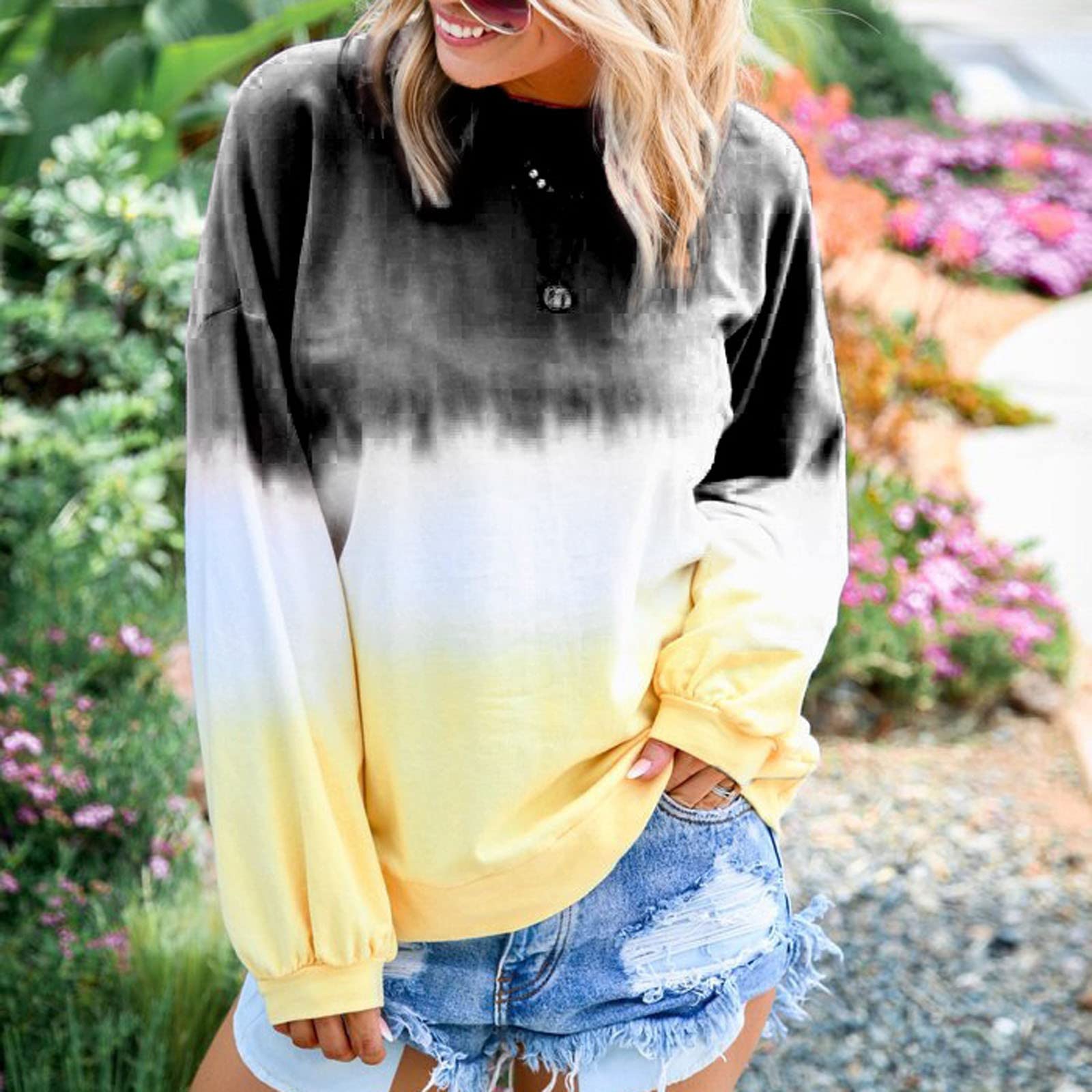 Sudaderas con cuello redondo y teñido anudado para mujer, sin capucha, talla grande, casual, bloque de color, manga larga — view 2