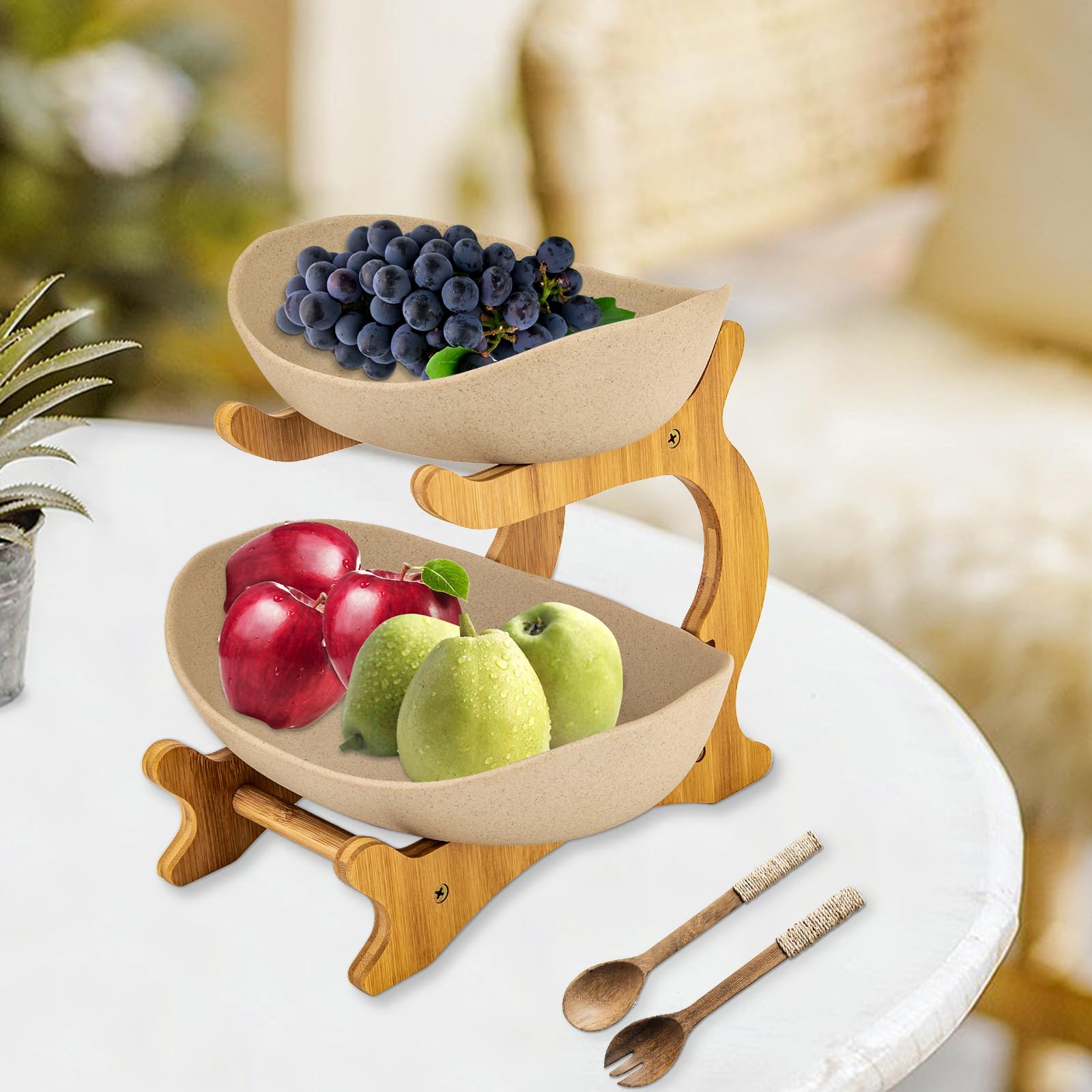 WUSILILU Two-Tiered Fruit Bowl, Bamboo Pottery Storage Bowl Anti-slip Kitchen Counter Layered Fruit Plate Decoration for Vegetables, Cakes, Snacks, Sugars, Wedding, Buffet, Food Display Table