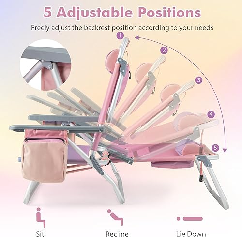 Miniatura 5 de Giantex Paquete de 2 sillas de playa plegables  Sillas de patio con 5 posiciones ajustables, almohada para la cabeza, bolsa de almacenamiento,