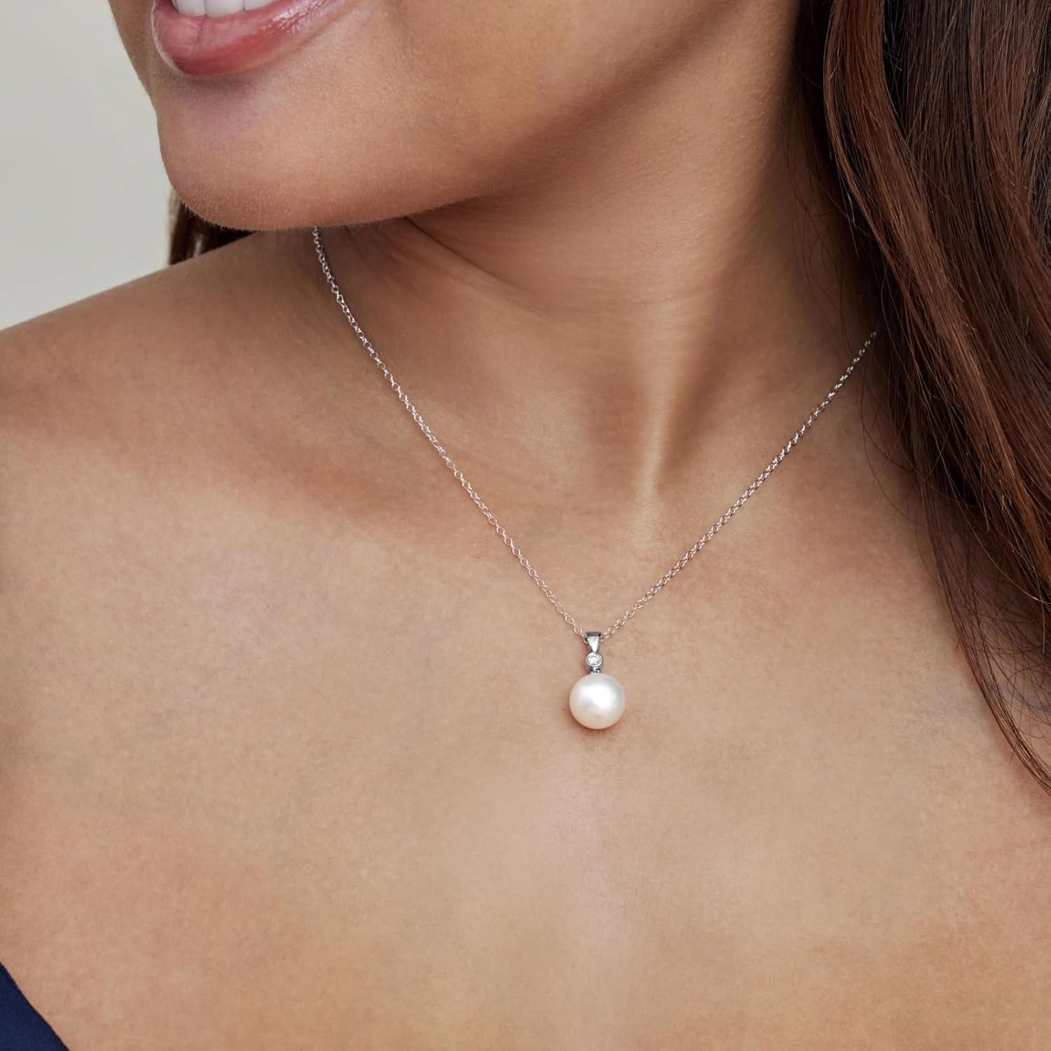 The Pearl Source 14K Gold Round White Akoya Cultured Pearl & Diamond Michelle Pendant Necklace for Women - Image 2