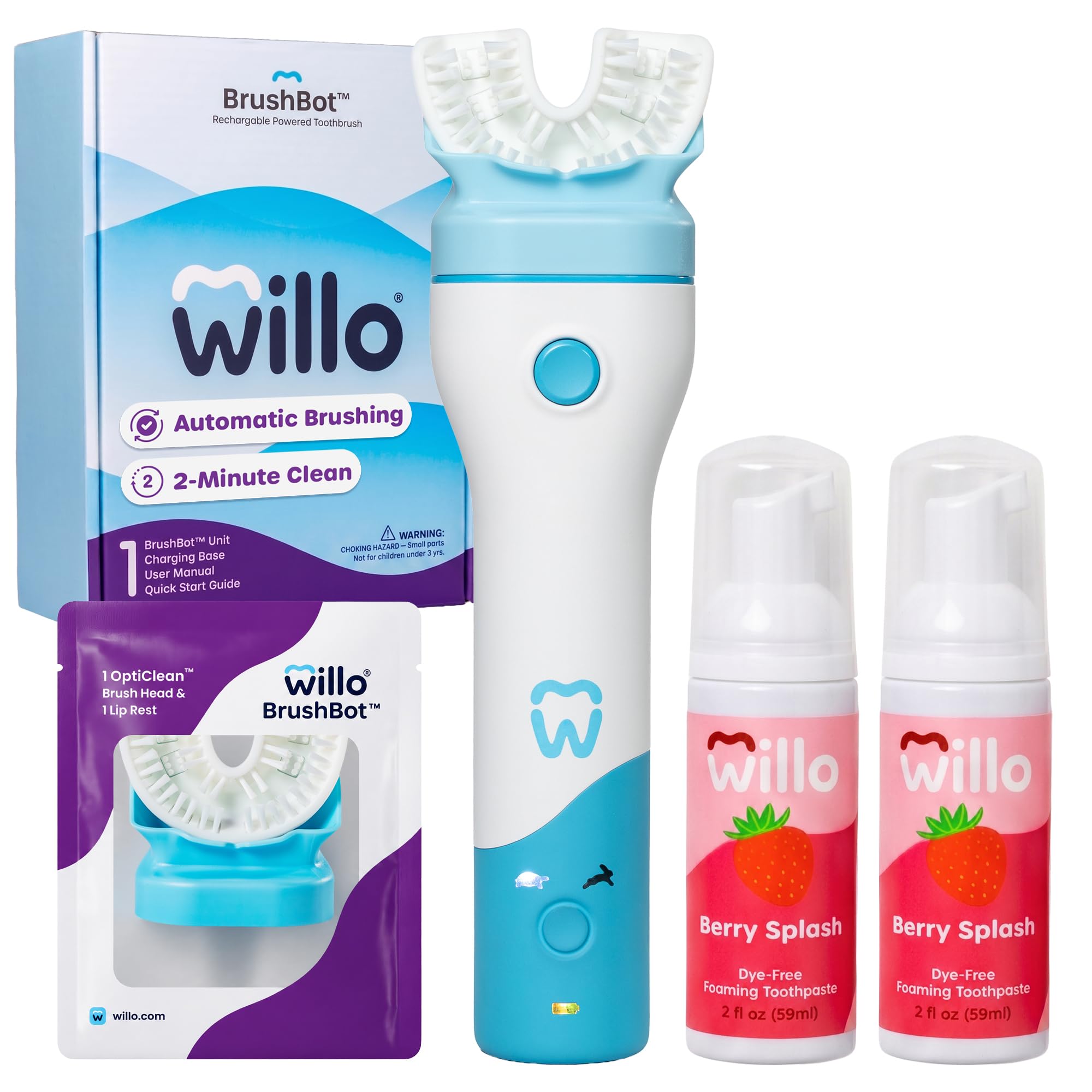 Willo BrushBot - Starter kit per bambini a forma di U, spazzolino automatico per bambini, timer da 2 minuti, connettività con app, setole morbide, ricaricabile, rimozione della placca, piccole bacche