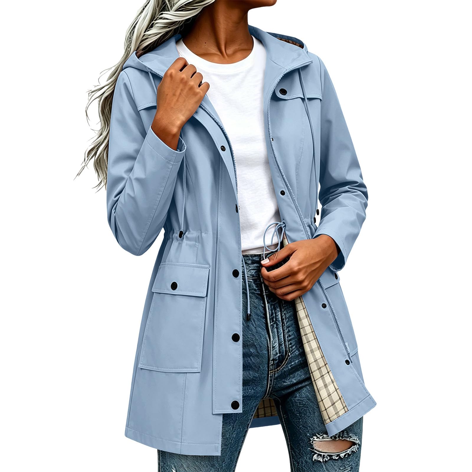 Znwerma women raincoat Waterproof Jacket Lightweight for Women Ladies Windbreaker Rain Coats Full Zip Hooded Long Raincoat Casual Hiking Walking Outwear Light Blue