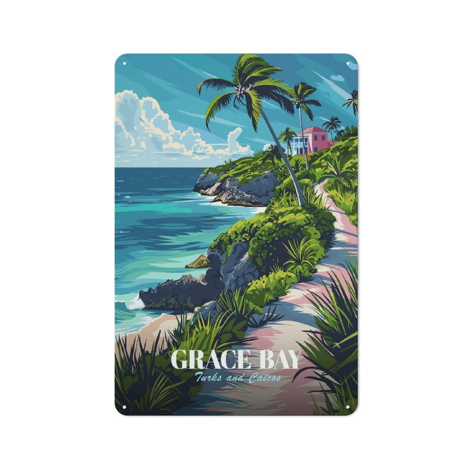 Junmoney Style Vintage Tin Sign With Grace Bay, Turks And Caicos Illustration Design 30X20cm, Vintage Cafe Wall Decor For Coffee Bar, Kitchen, Bistro Or Tea Corner