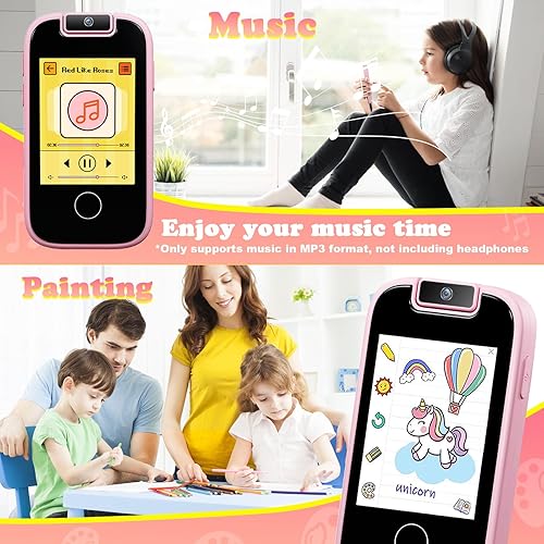 Miniatura 6 de PTHTECHUS Juguetes telefónicos para niños y niñas, pantalla táctil, reproductor de música MP3 con doble cámara, rastreador de hábitos, juegos,