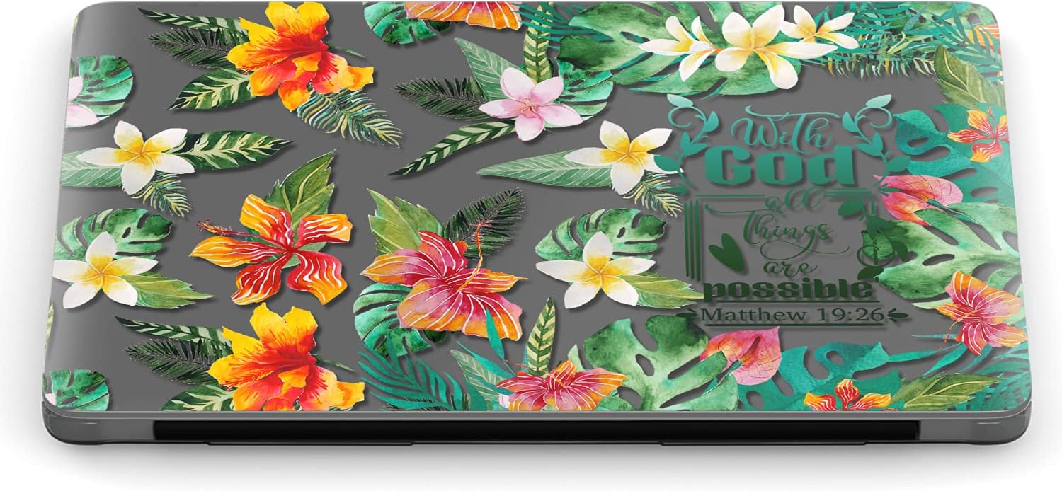 Mertak Hard Case Compatible with MacBook Pro 16 14 Air 15 13 inch M3 M2 M1 Mac 2024 2023 2022 2018 Matthew 19:26 Tropical Christian Protective Bible Verse Plastic Flowers Quote Cover Laptop Clear