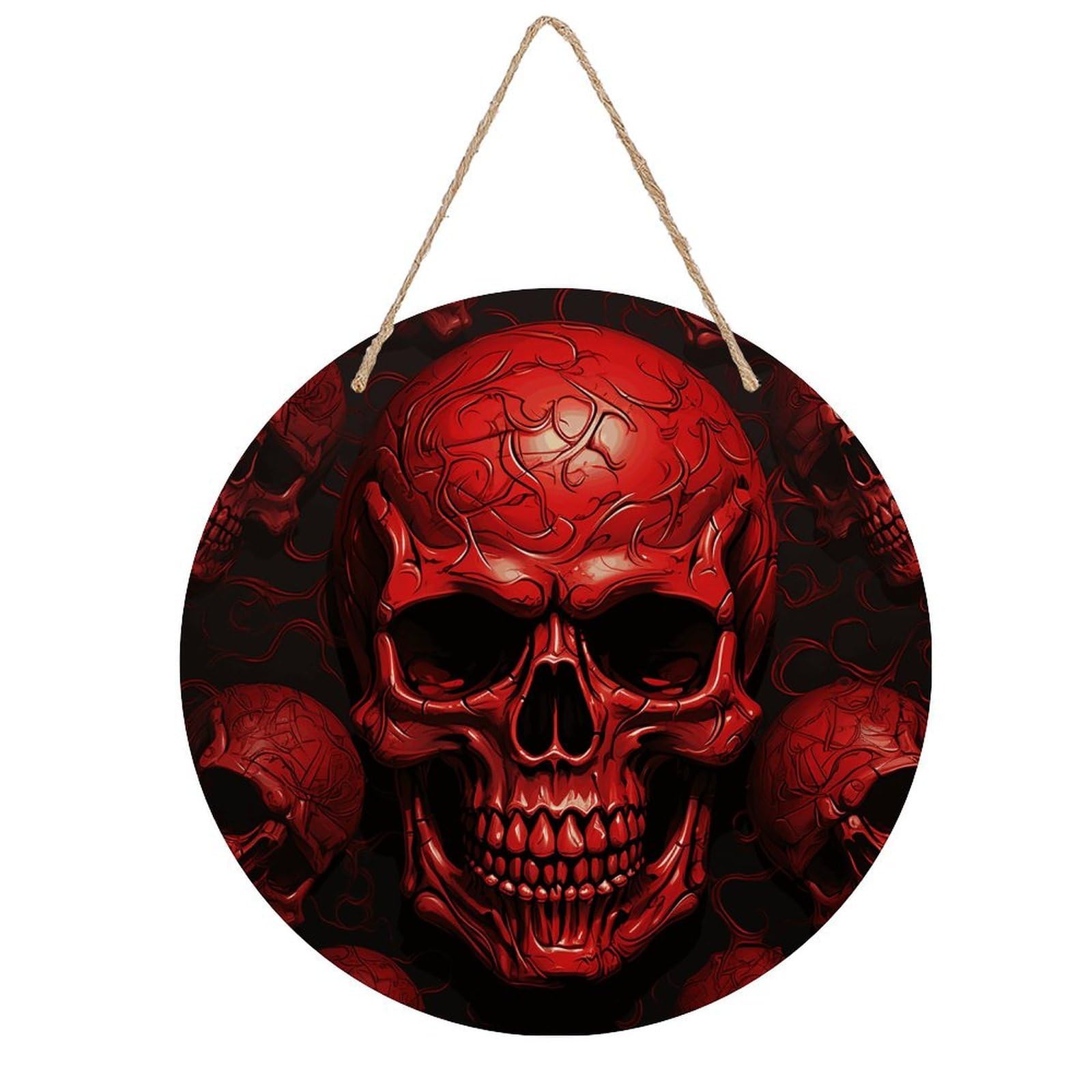 VstaDank Red Skulls Wall Decor Round Wood Hanging Sign 7.9x7.9 in Wooden Circle Door Hanger with Ropes, Rustic Wall Art Decor for Home Front Door Indoor Outdoor Decoration