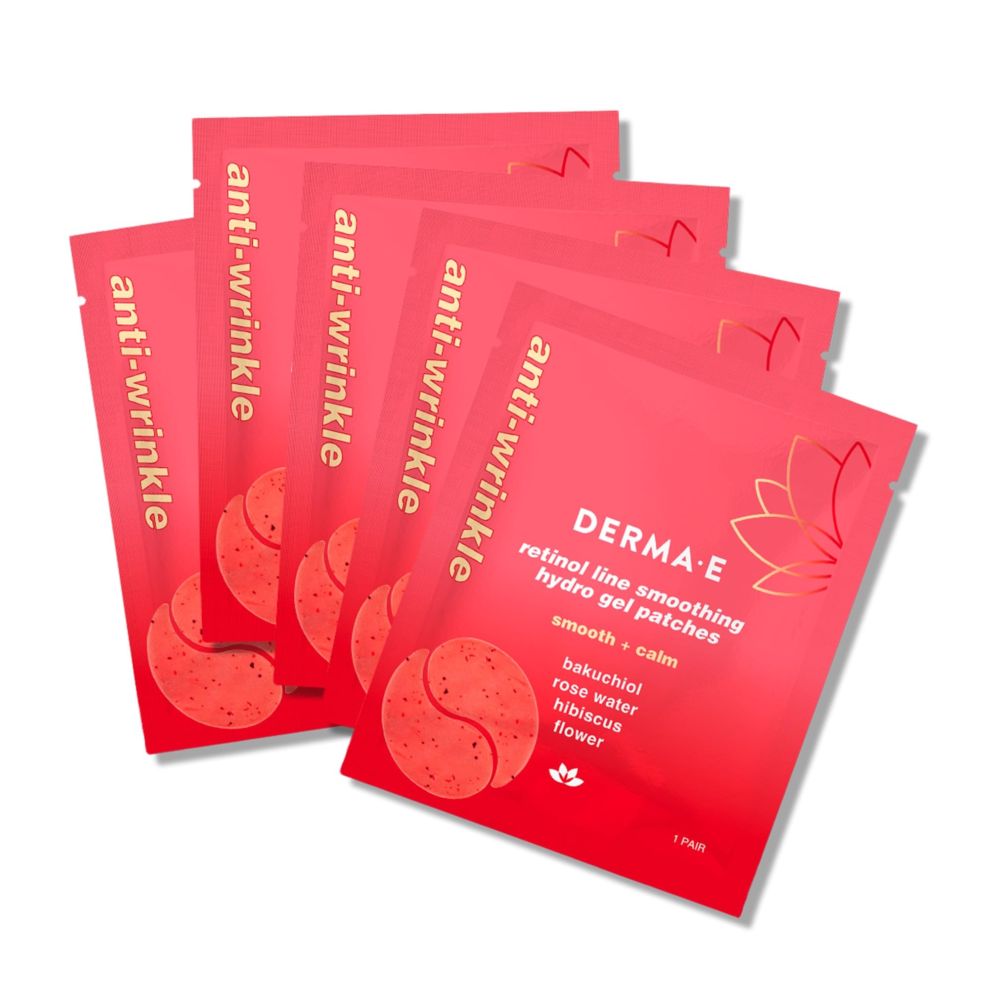 DERMA E Retinol + Bakuchiol Under Eye Patches (5 Pairs) Non-Irritating, Line Smoothing Hydro Gel Eye Patches with Rose Water & Real Hibiscus Petals,