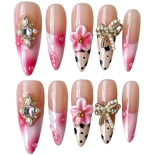 Handmade Press on Nails, Long Stiletto Acrylic False Nails with Pearl Bow, Pink Floral 3D Design, Vintage Rhinestone Embellished, Luxury Glamorous Set (Ribbon Elegance, S)